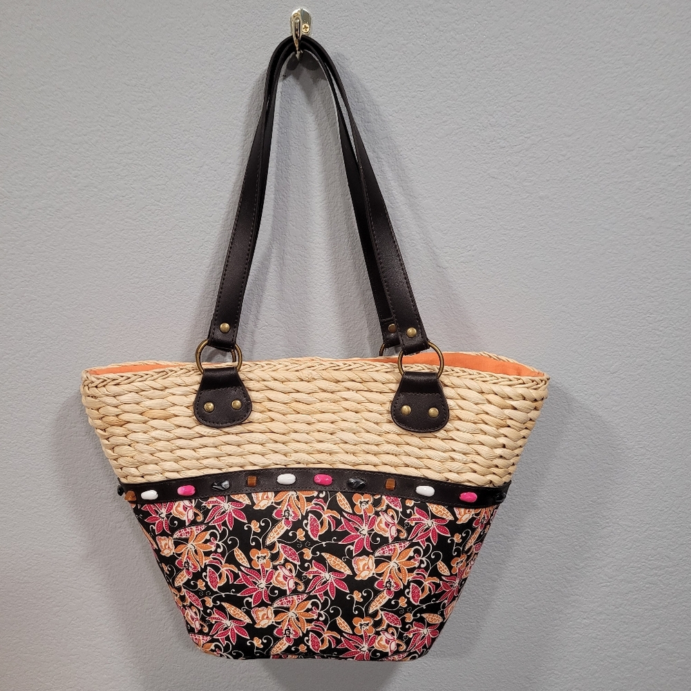 Beachy Straw Floral Structured Tote Beaded Shoulder Bag Pink Black Vacation